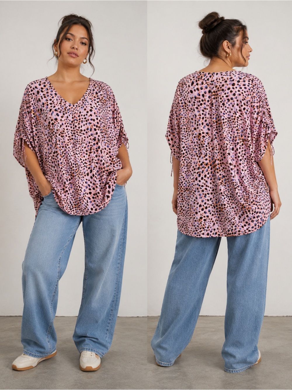 CAbi Pink Leopard Print V-Neck Dolman Tunic Top XS